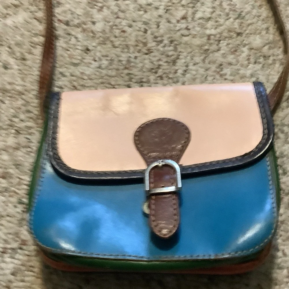 Multi Tone Leather Vera Pella Crossbody Bag in Teal, Tan & Brown,‎ made in Italy